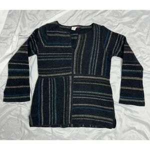 J Crew Striped Multicolor V-Neck Fisherman Sweater Tunic Lambswool Blend Sz-M